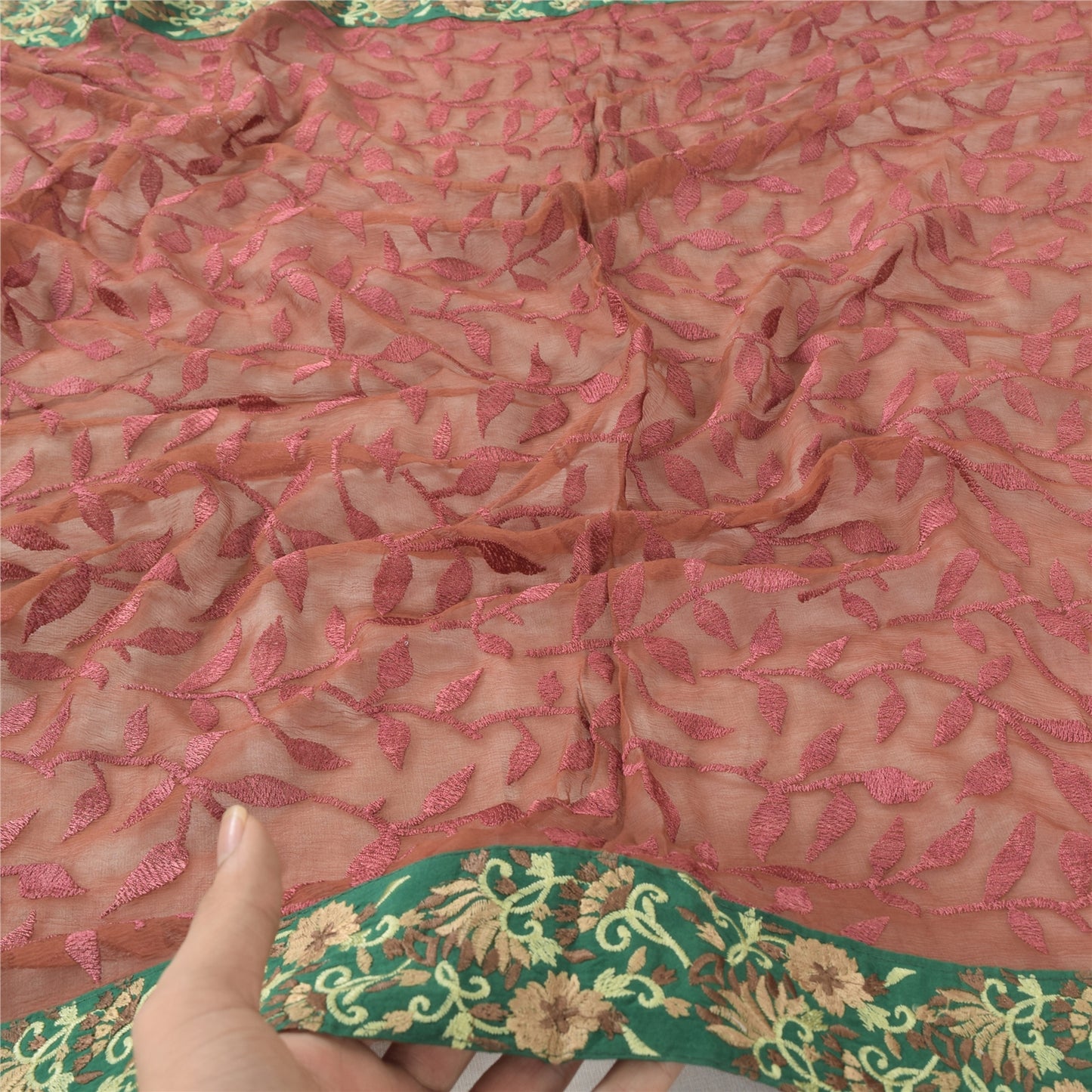 Sanskriti Vintage Brown Dupatta Long Stole Pure Chiffon Silk Embroidered Veil