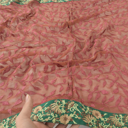 Sanskriti Vintage Brown Dupatta Long Stole Pure Chiffon Silk Embroidered Veil