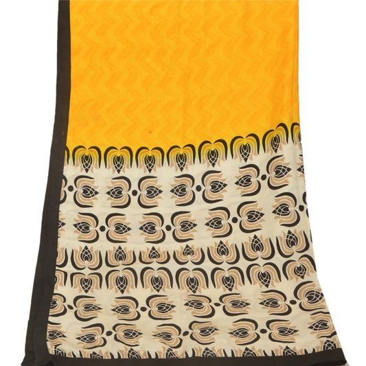 Sanskriti Vintage Dupatta Cotton Yellow & Cream Long Stole Shawl Woven Floral Print Scarves Decor, Upcycled, Recycled,Remnant, For Sewing