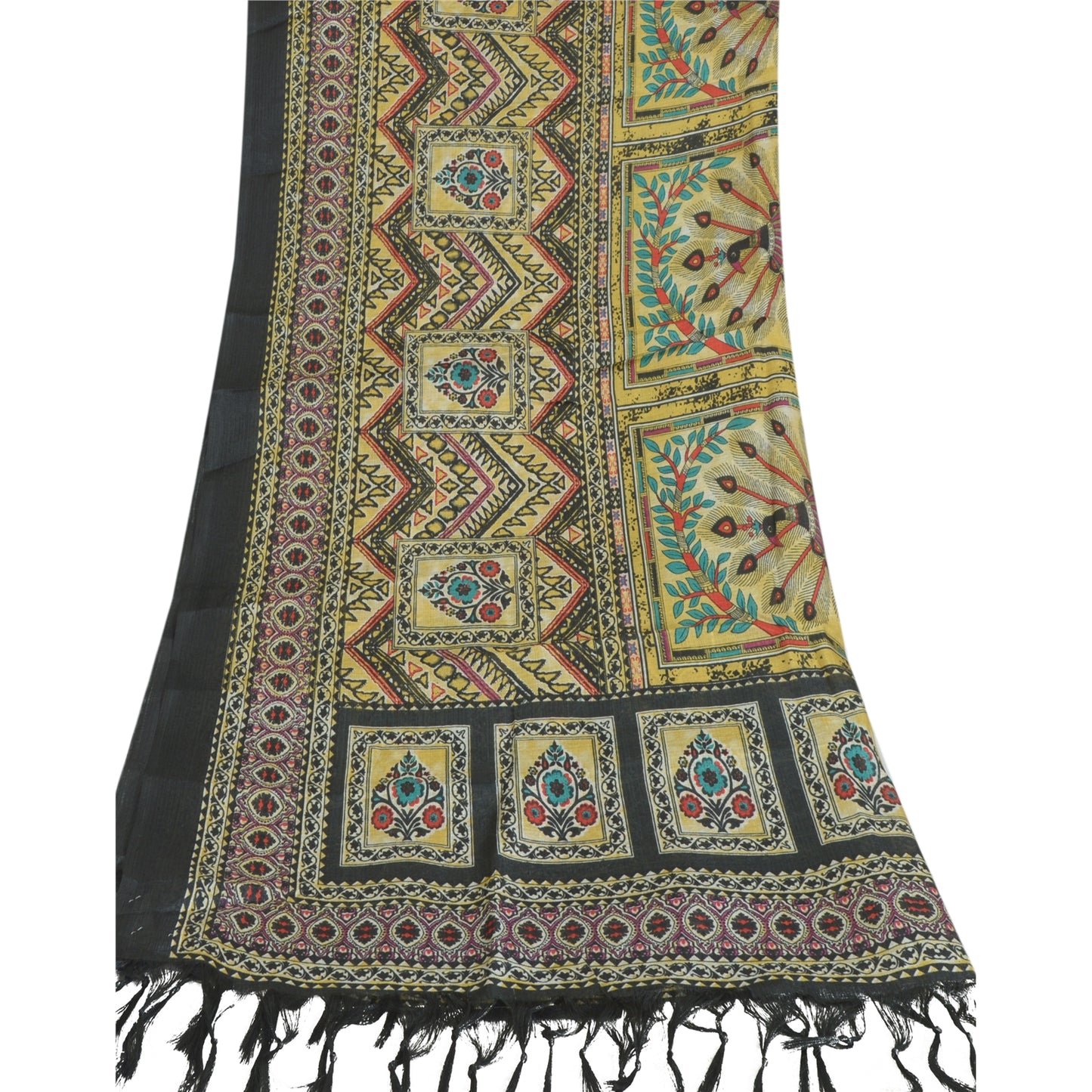 Sansrkiti New Long Stole Dupatta Chanderi Multi Color Printed Peacock Shawl