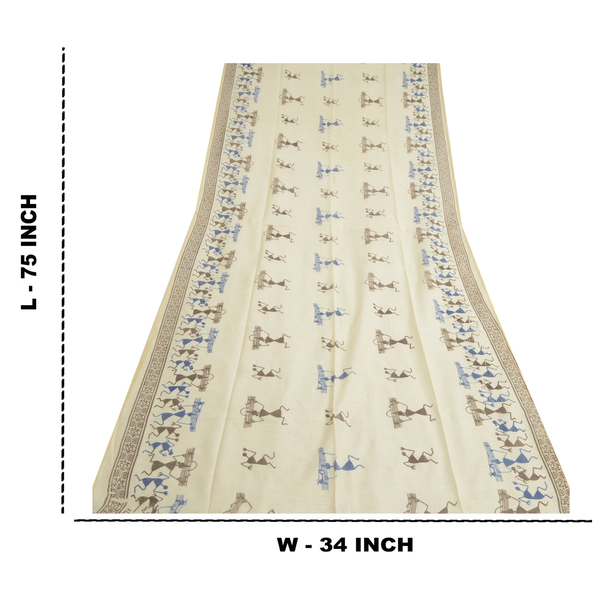 Sanskriti Vintage Warli Art Print Blend Silk Dupatta Long Stole Ivory Veil Wrap