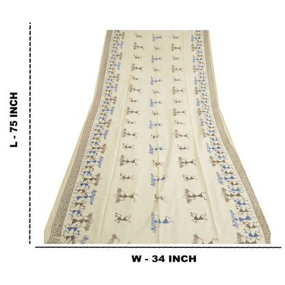 Sanskriti Vintage Dupatta Long Stole Blend Silk Ivory Scarves Warli Printed Veil