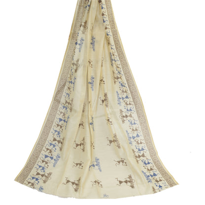 Sanskriti Vintage Warli Art Print Blend Silk Dupatta Long Stole Ivory Veil Wrap