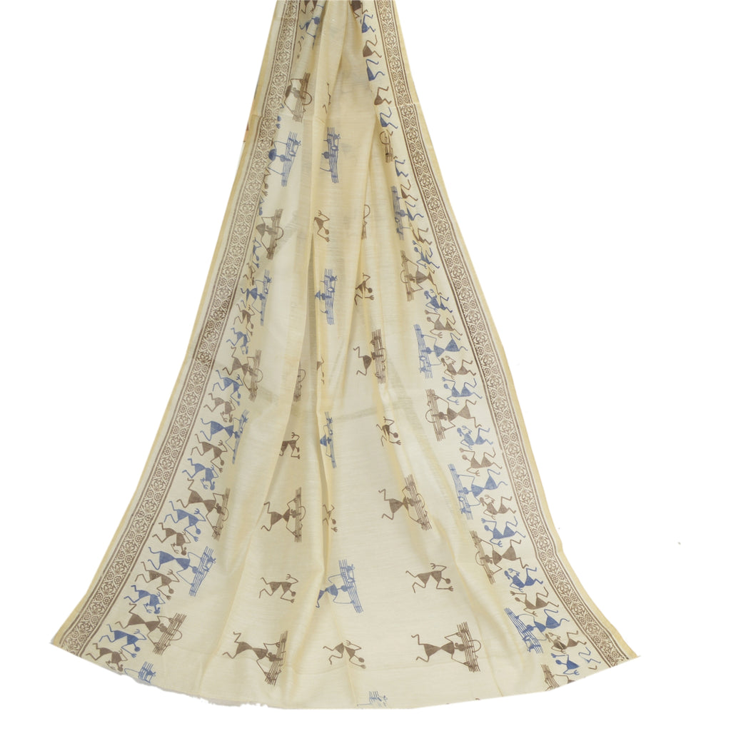Sanskriti Vintage Dupatta Long Stole Blend Silk Ivory Scarves Warli Printed Veil
