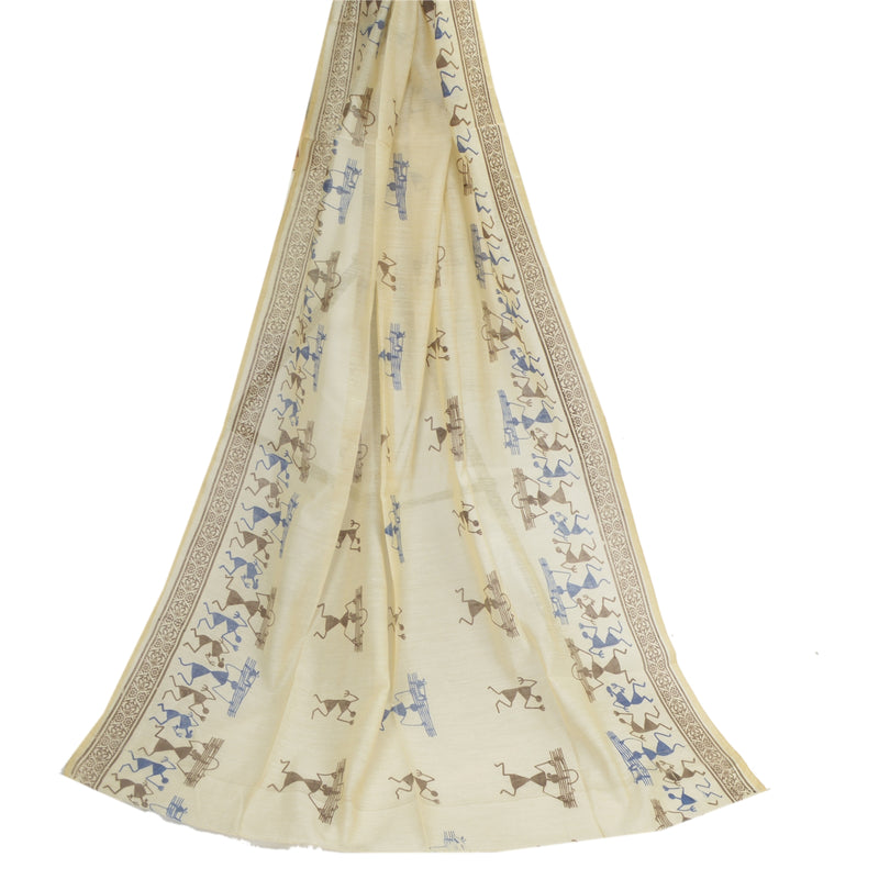 Sanskriti Vintage Dupatta Long Stole Blend Silk Ivory Warli Art Human Print Veil