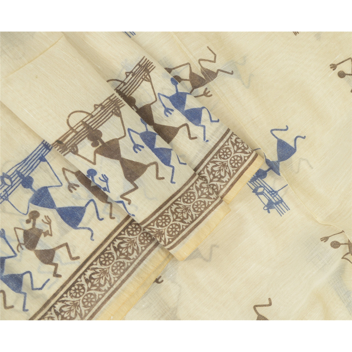 Sanskriti Vintage Warli Art Print Blend Silk Dupatta Long Stole Ivory Veil Wrap