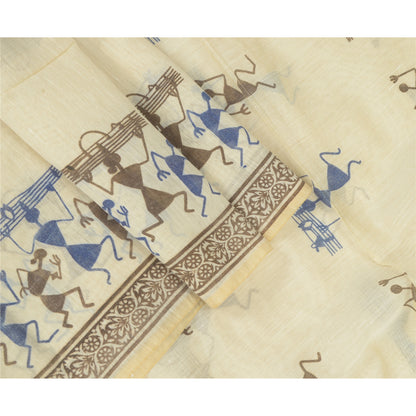 Sanskriti Vintage Dupatta Long Stole Blend Silk Ivory Scarves Warli Printed Veil