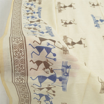 Sanskriti Vintage Dupatta Long Stole Blend Silk Ivory Scarves Warli Printed Veil