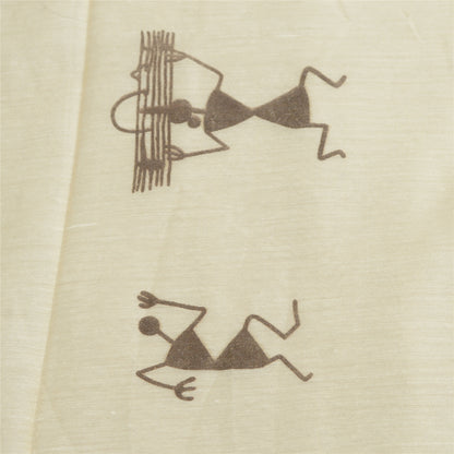 Sanskriti Vintage Warli Art Print Blend Silk Dupatta Long Stole Ivory Veil Wrap