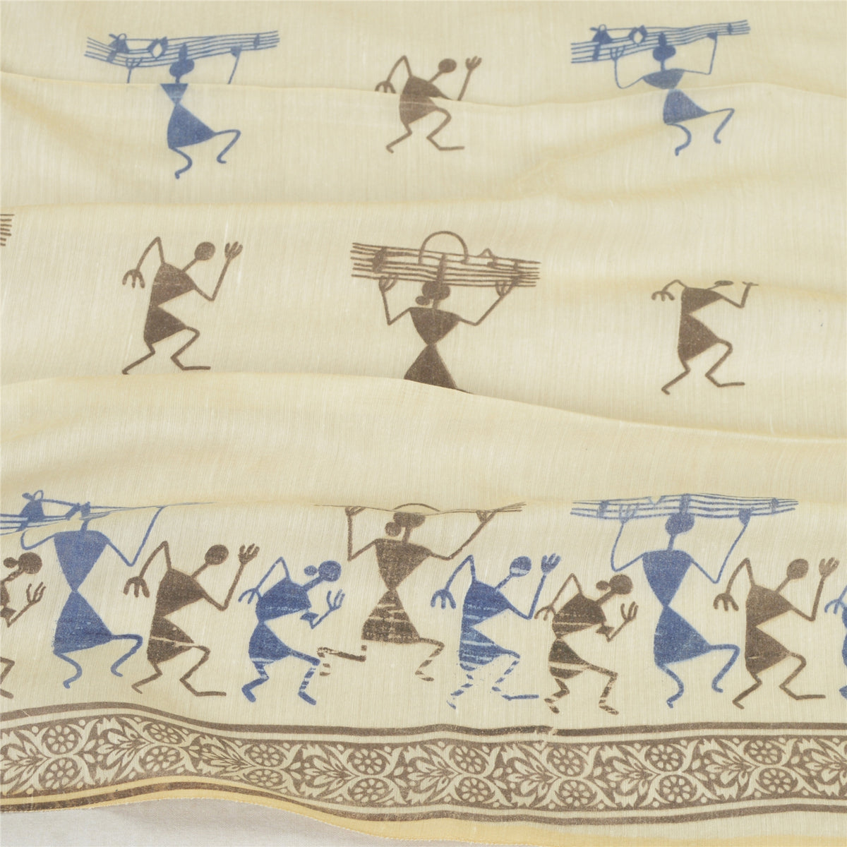 Sanskriti Vintage Warli Art Print Blend Silk Dupatta Long Stole Ivory Veil Wrap