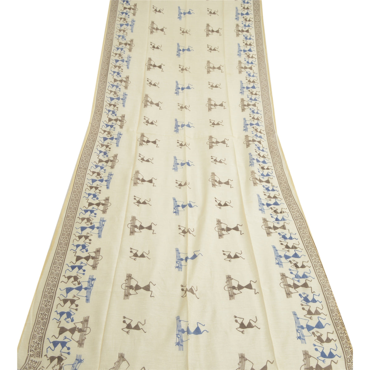 Sanskriti Vintage Warli Art Print Blend Silk Dupatta Long Stole Ivory Veil Wrap