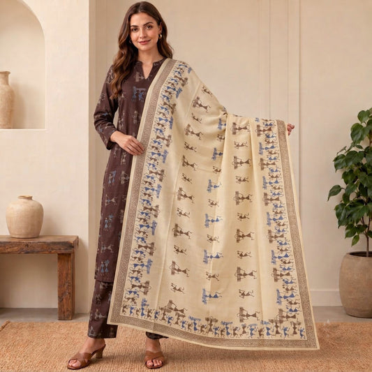 Sanskriti Vintage Warli Art Print Blend Silk Dupatta Long Stole Ivory Veil Wrap