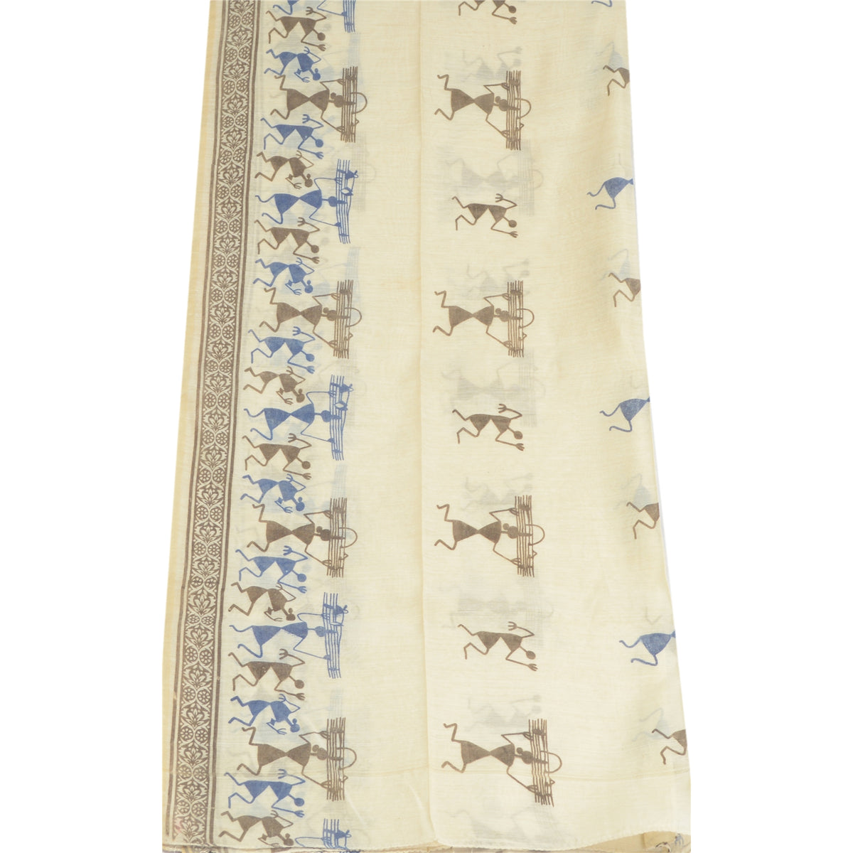 Sanskriti Vintage Warli Art Print Blend Silk Dupatta Long Stole Ivory Veil Wrap