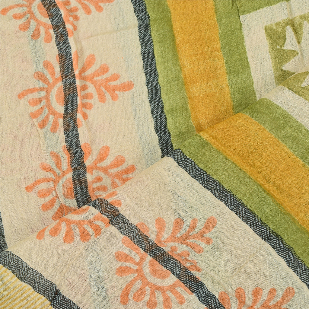 Sanskriti Vintage Cream Dupatta Long Stole Pure Cotton Hand Block Printed  Veil