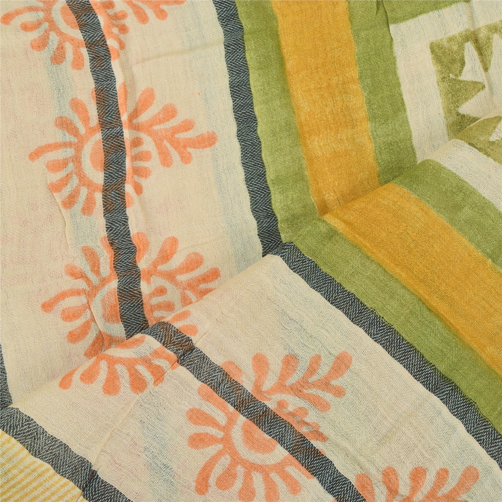 Sanskriti Vintage Cream Dupatta Long Stole Pure Cotton Hand Block Printed  Veil