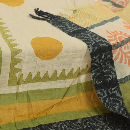 Sanskriti Vintage Cream Dupatta Long Stole Pure Cotton Hand Block Printed  Veil