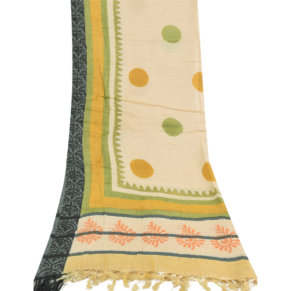 Sanskriti Vintage Cream Dupatta Long Stole Pure Cotton Hand Block Printed  Veil