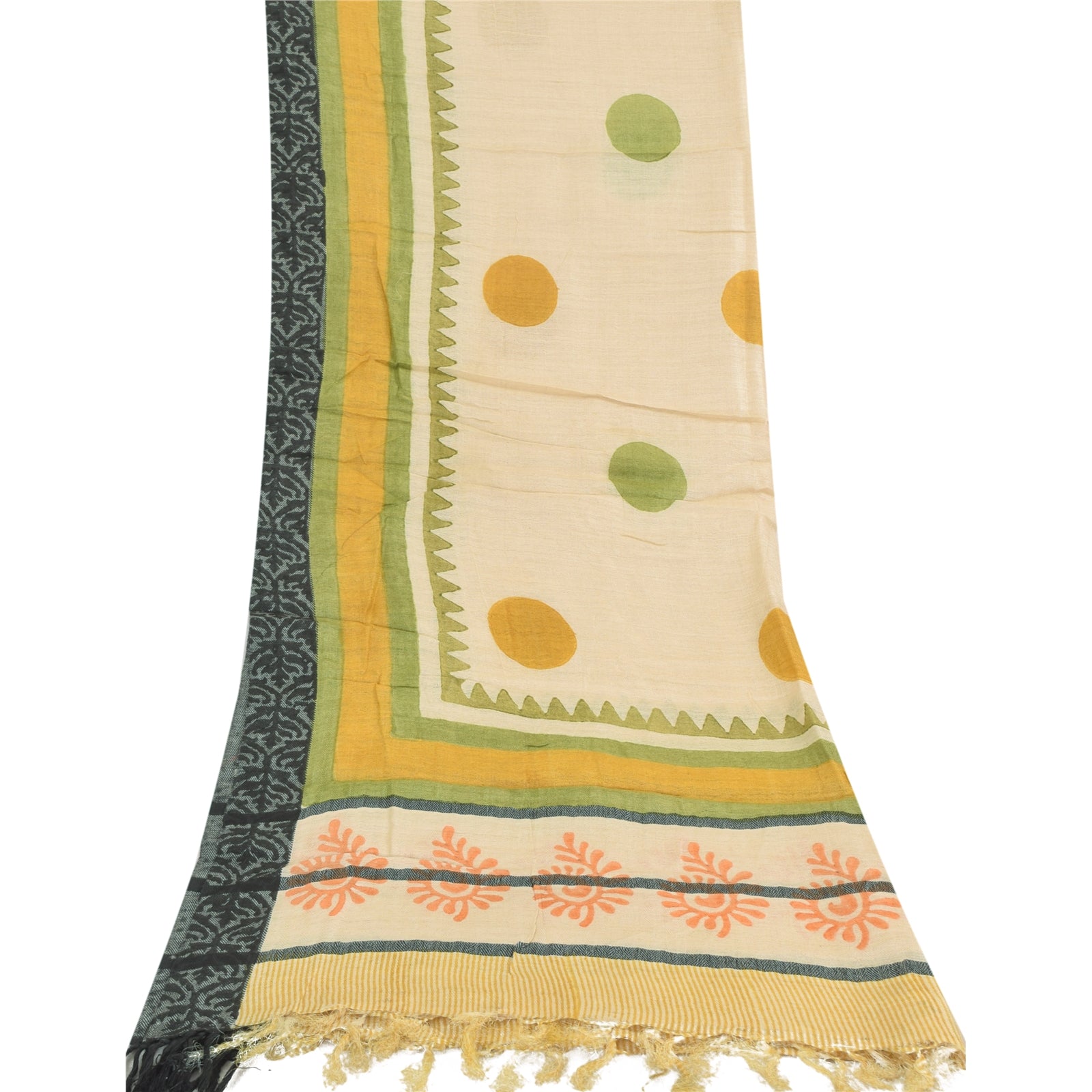 Sanskriti Vintage Cream Dupatta Long Stole Pure Cotton Hand Block Printed  Veil