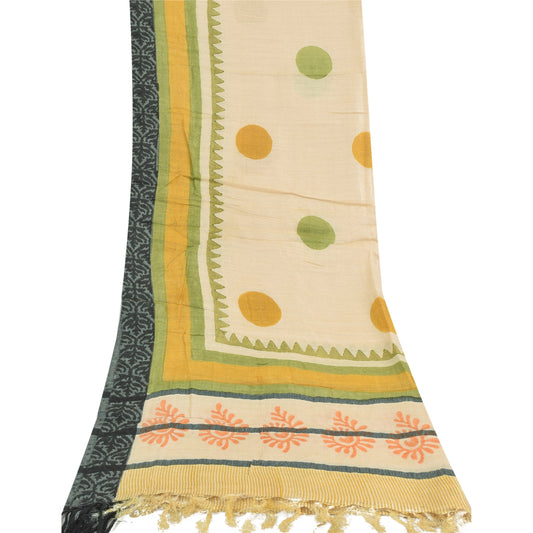 Sanskriti Vintage Cream Dupatta Long Stole Pure Cotton Hand Block Printed  Veil