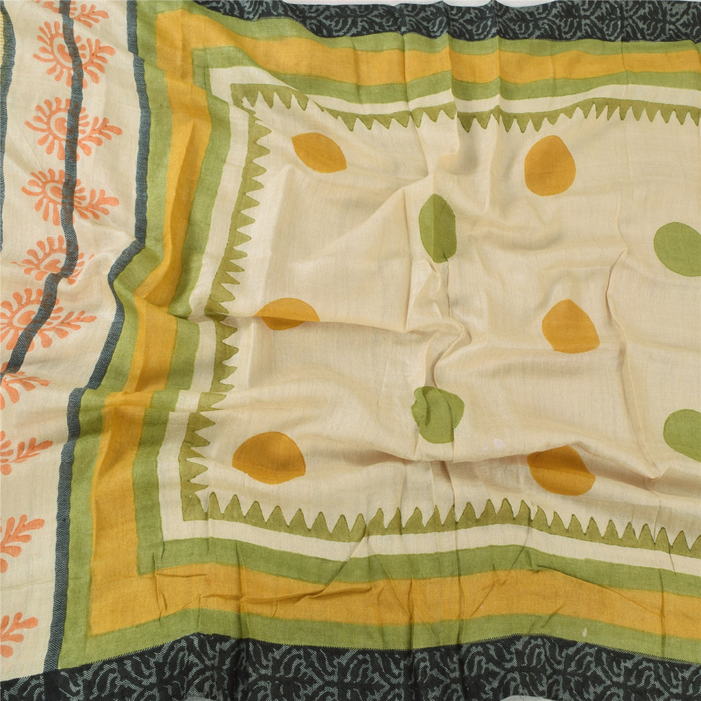 Sanskriti Vintage Cream Dupatta Long Stole Pure Cotton Hand Block Printed  Veil