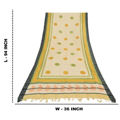 Sanskriti Vintage Cream Dupatta Long Stole Pure Cotton Hand Block Printed  Veil