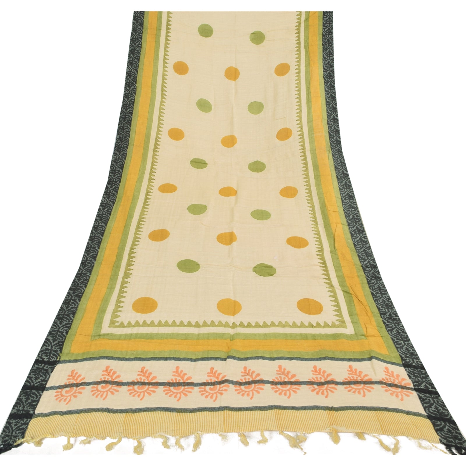 Sanskriti Vintage Cream Dupatta Long Stole Pure Cotton Hand Block Printed  Veil