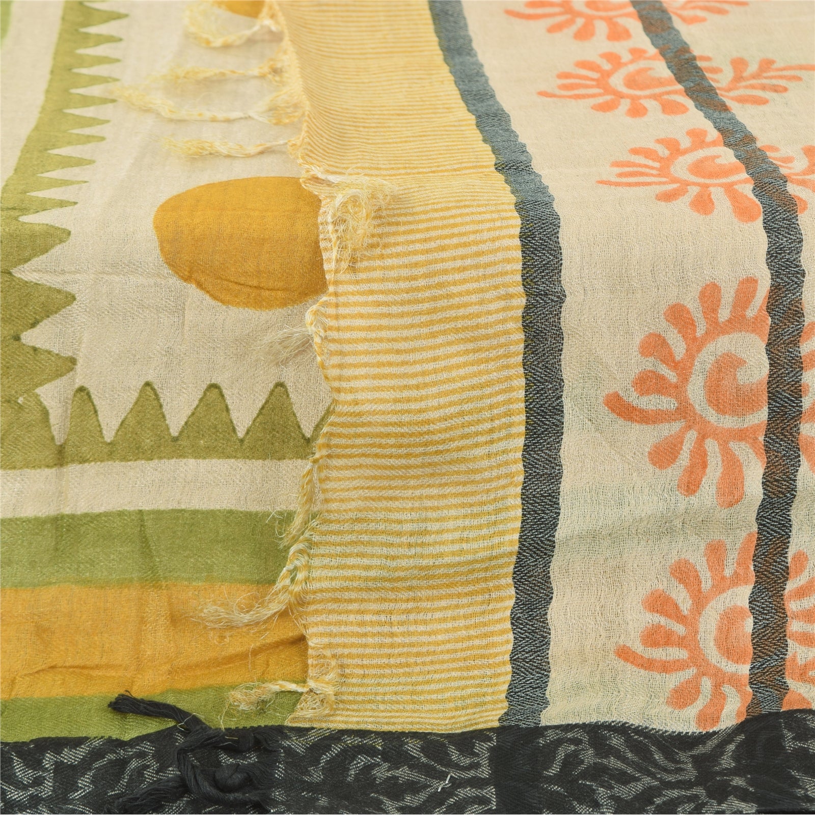 Sanskriti Vintage Cream Dupatta Long Stole Pure Cotton Hand Block Printed  Veil