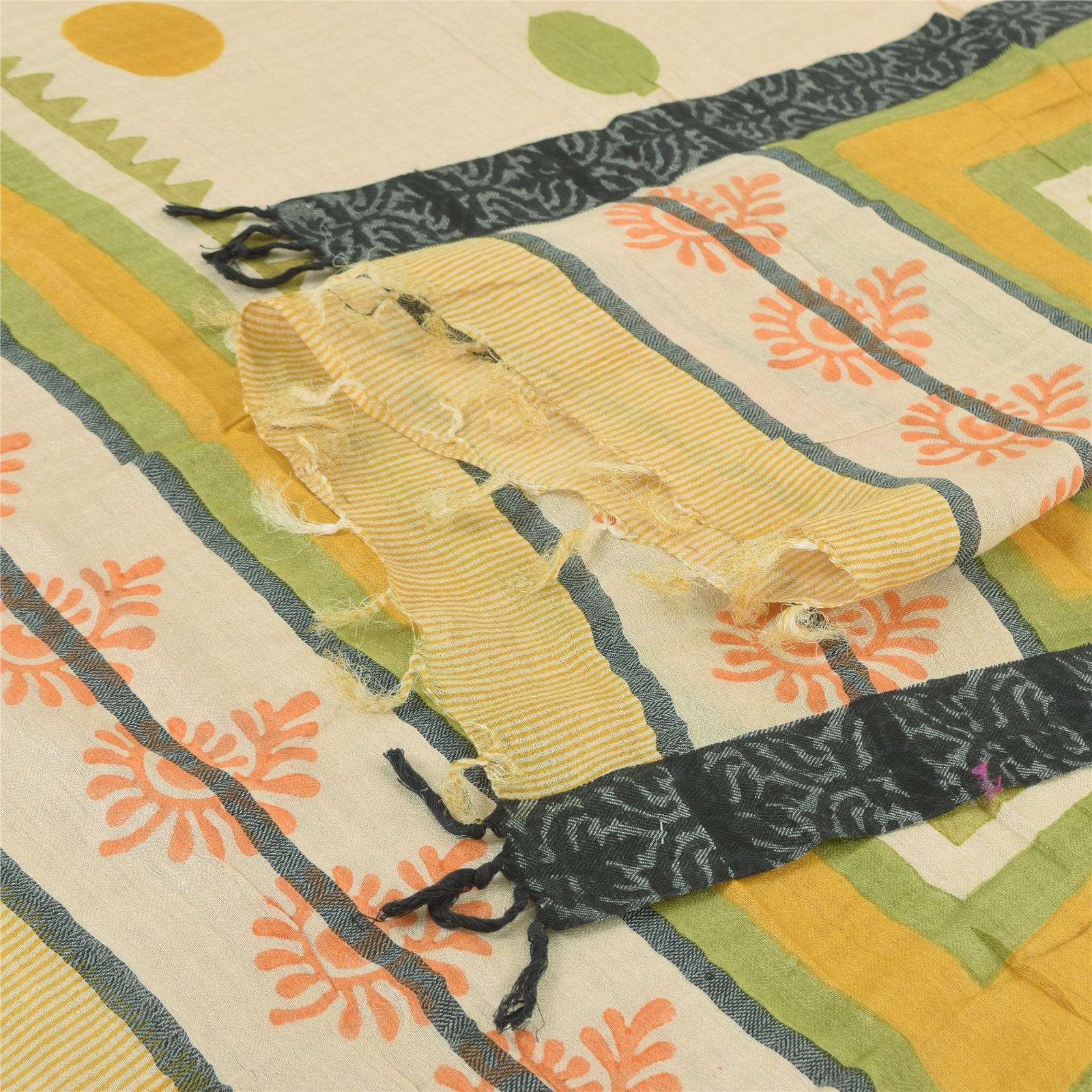 Sanskriti Vintage Cream Dupatta Long Stole Pure Cotton Hand Block Printed  Veil