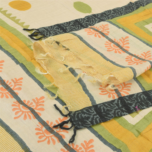 Sanskriti Vintage Cream Dupatta Long Stole Pure Cotton Hand Block Printed  Veil