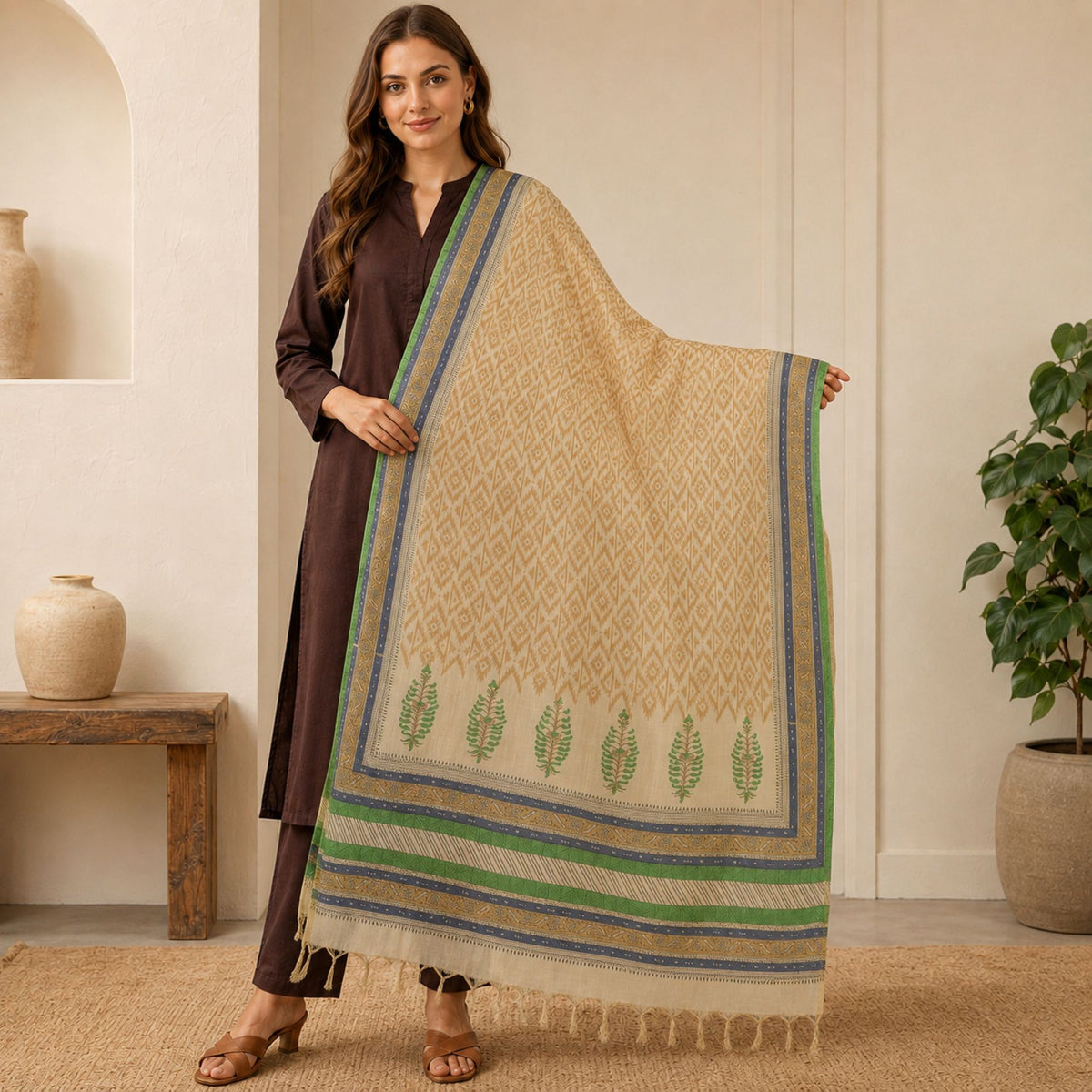 Sanskriti Vintage Ikat-Kalamkari Printed Chanderi Dupatta/Stole Cream Long Veil