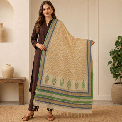 Sanskriti Vintage Ikat-Kalamkari Printed Chanderi Dupatta/Stole Cream Long Veil