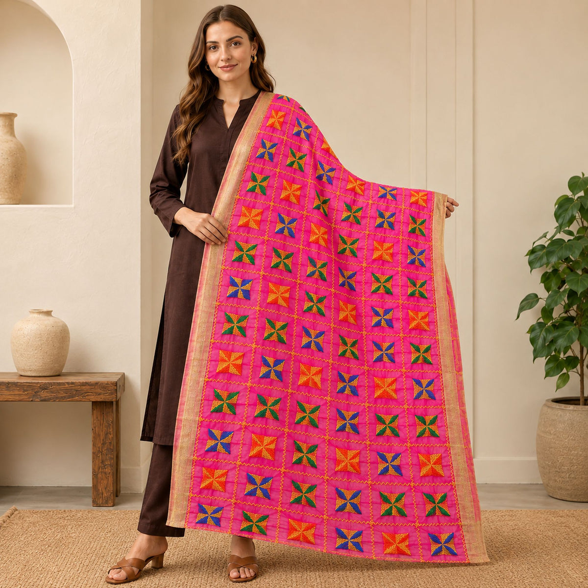 Sanskriti New Bagh Phulkari Hand Embroidery Dupatta/Stole Pink Pure Chiffon Silk