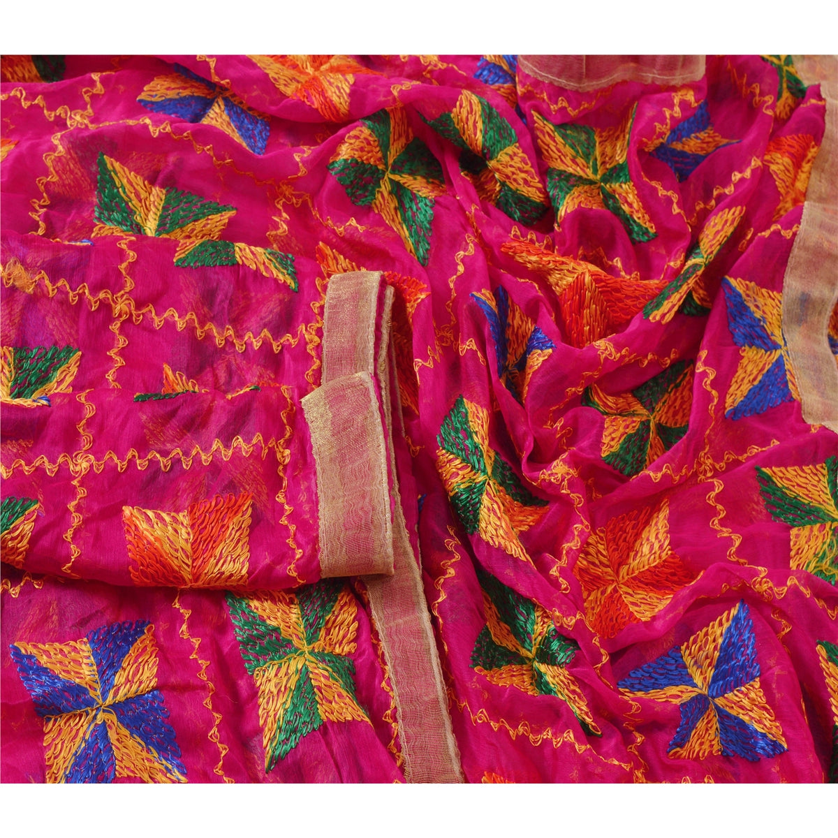 Sanskriti New Bagh Phulkari Hand Embroidery Dupatta/Stole Pink Pure Chiffon Silk