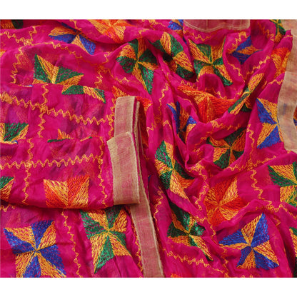 Sanskriti New Bagh Phulkari Hand Embroidery Dupatta/Stole Pink Pure Chiffon Silk