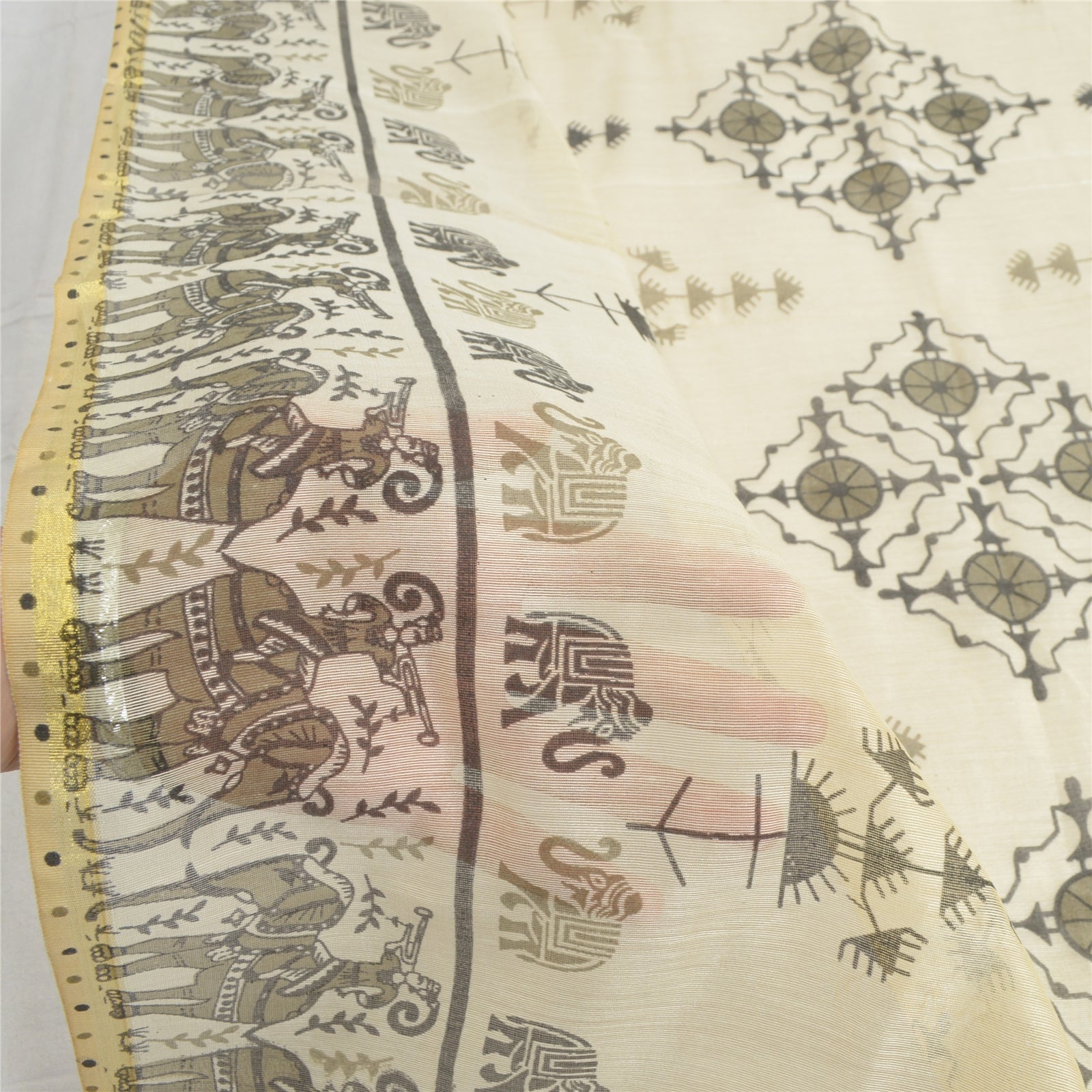 Sanskriti Vintage Dupatta Stole Chanderi Ivory Warli Shawl Hand Block Print Veil