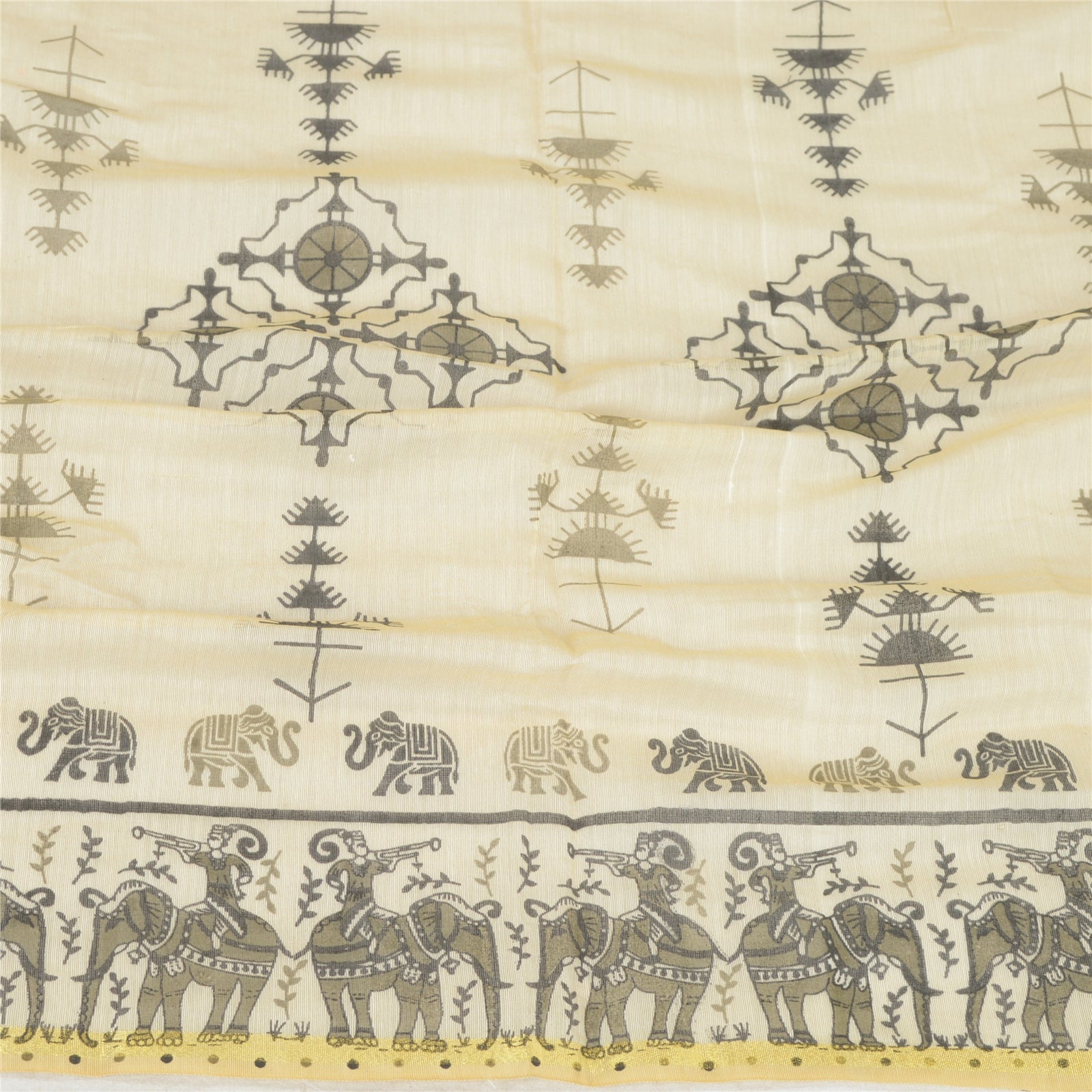 Sanskriti Vintage Dupatta Stole Chanderi Ivory Warli Shawl Hand Block Print Veil