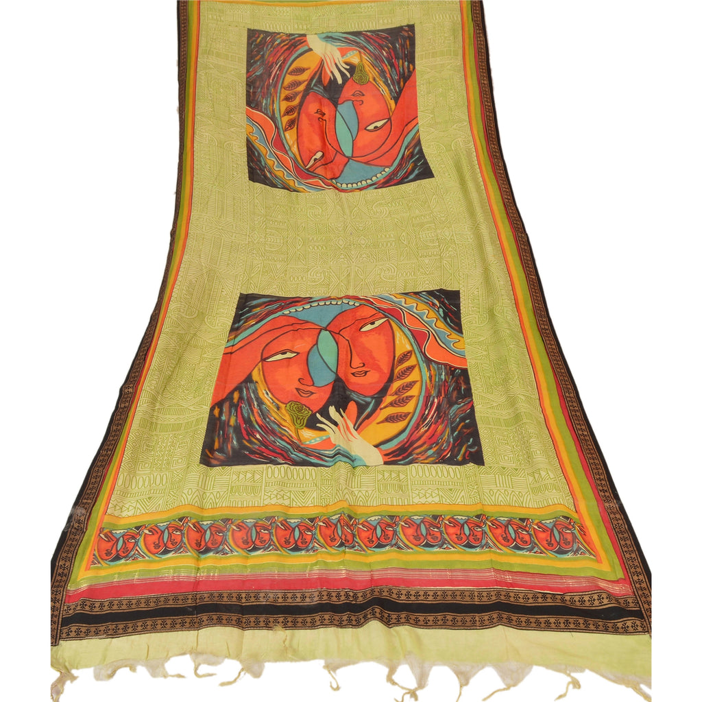 Sanskriti Vintage Dupatta Long Stole Chanderi Green Veil Digital Printed Scarves