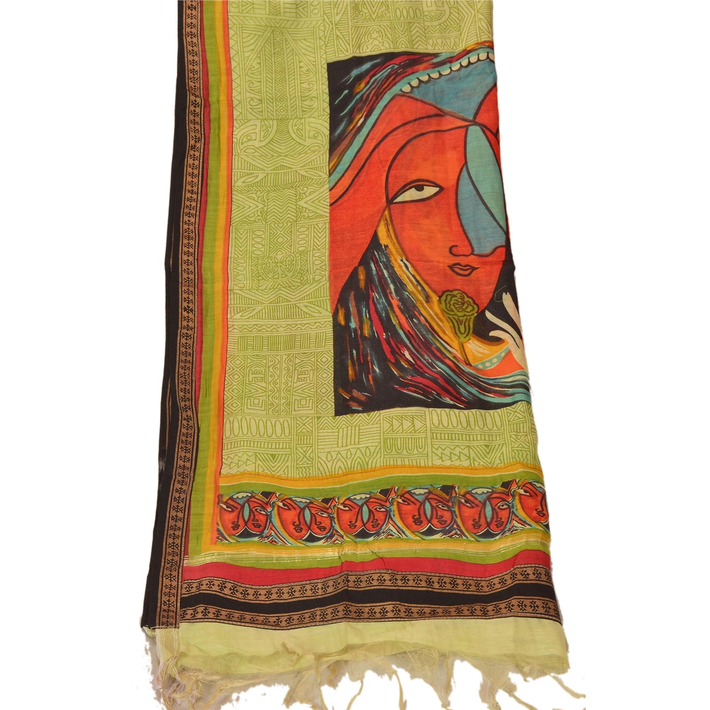 Sanskriti Vintage Dupatta Long Stole Chanderi Green Veil Digital Printed Scarves