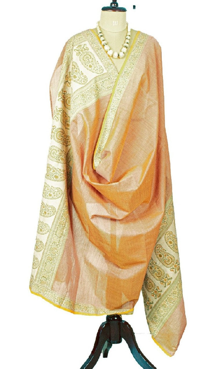 Sanskriti Vintage Dupatta Long Stole 100% Pure Silk Peach Woven Wrap Scarves