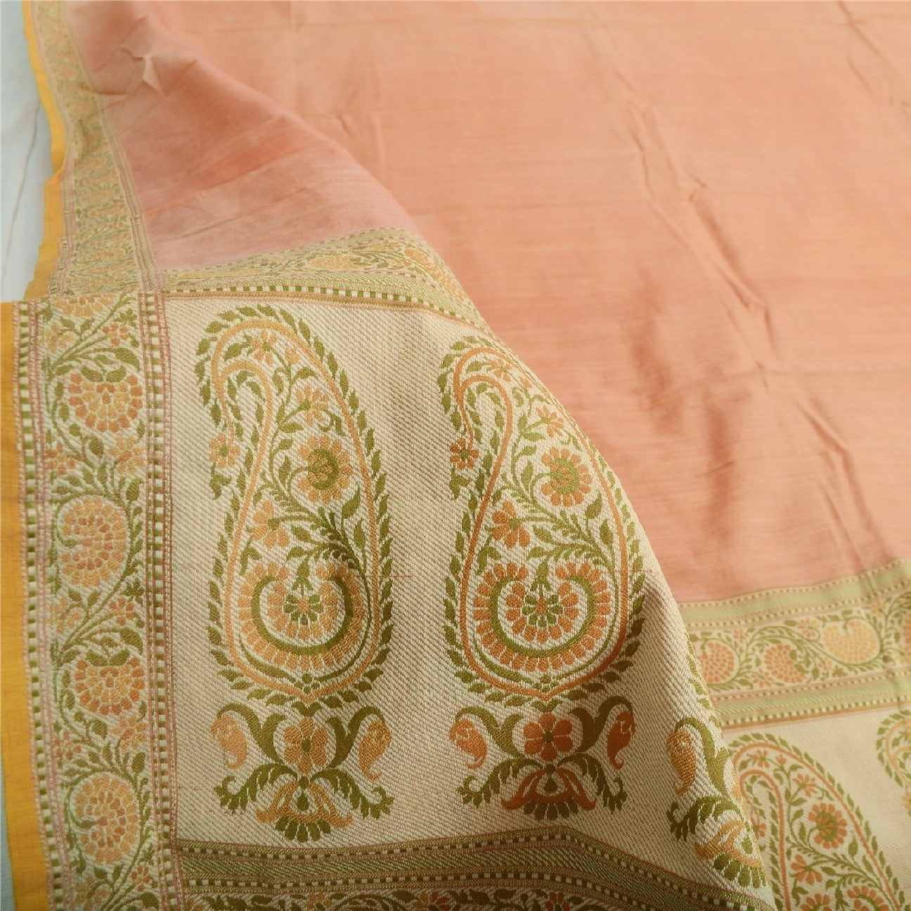 Sanskriti Vintage Dupatta Long Stole 100% Pure Silk Peach Woven Wrap Scarves