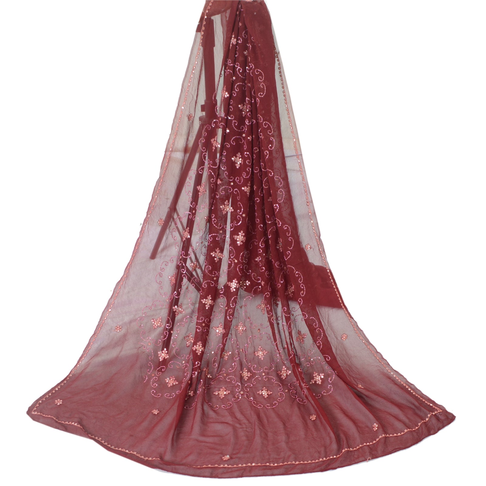 Sanskriti Vintage Dupatta Long Stole Dark Red Pure Georgette Gota Patti Hand Beaded Sequins Veil For Crafting, Upcycling, or Even Wearing