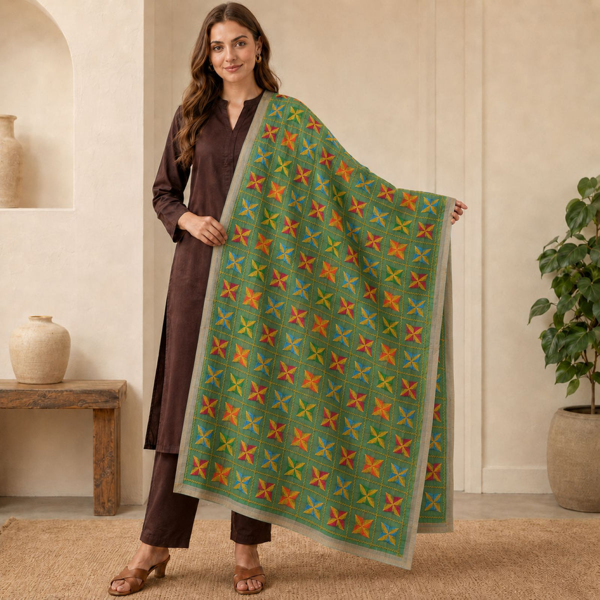 Sanskriti Vintage Embroidery Bagh Phulkari Chiffon Silk Dupatta Stole Green Veil