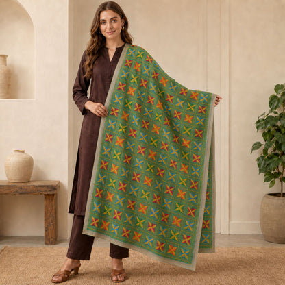 Sanskriti Vintage Embroidery Bagh Phulkari Chiffon Silk Dupatta Stole Green Veil