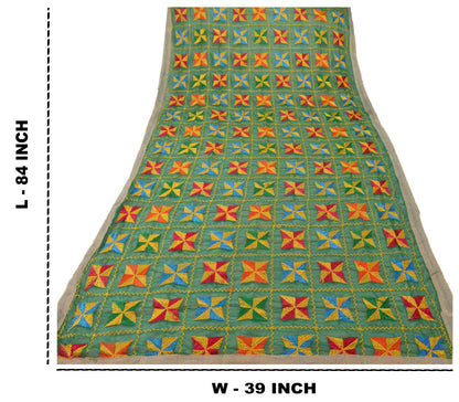 Sanskriti Vintage Embroidery Bagh Phulkari Chiffon Silk Dupatta Stole Green Veil