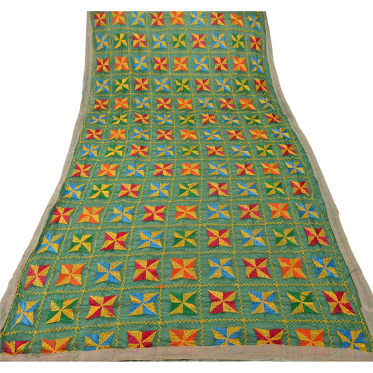 Sanskriti Vintage Embroidery Bagh Phulkari Chiffon Silk Dupatta Stole Green Veil
