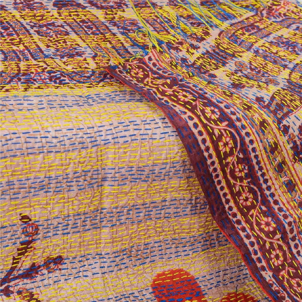 Sanskriti Vintage Dupatta Long Stole Pure Silk Cream Hand Embroidered Kantha