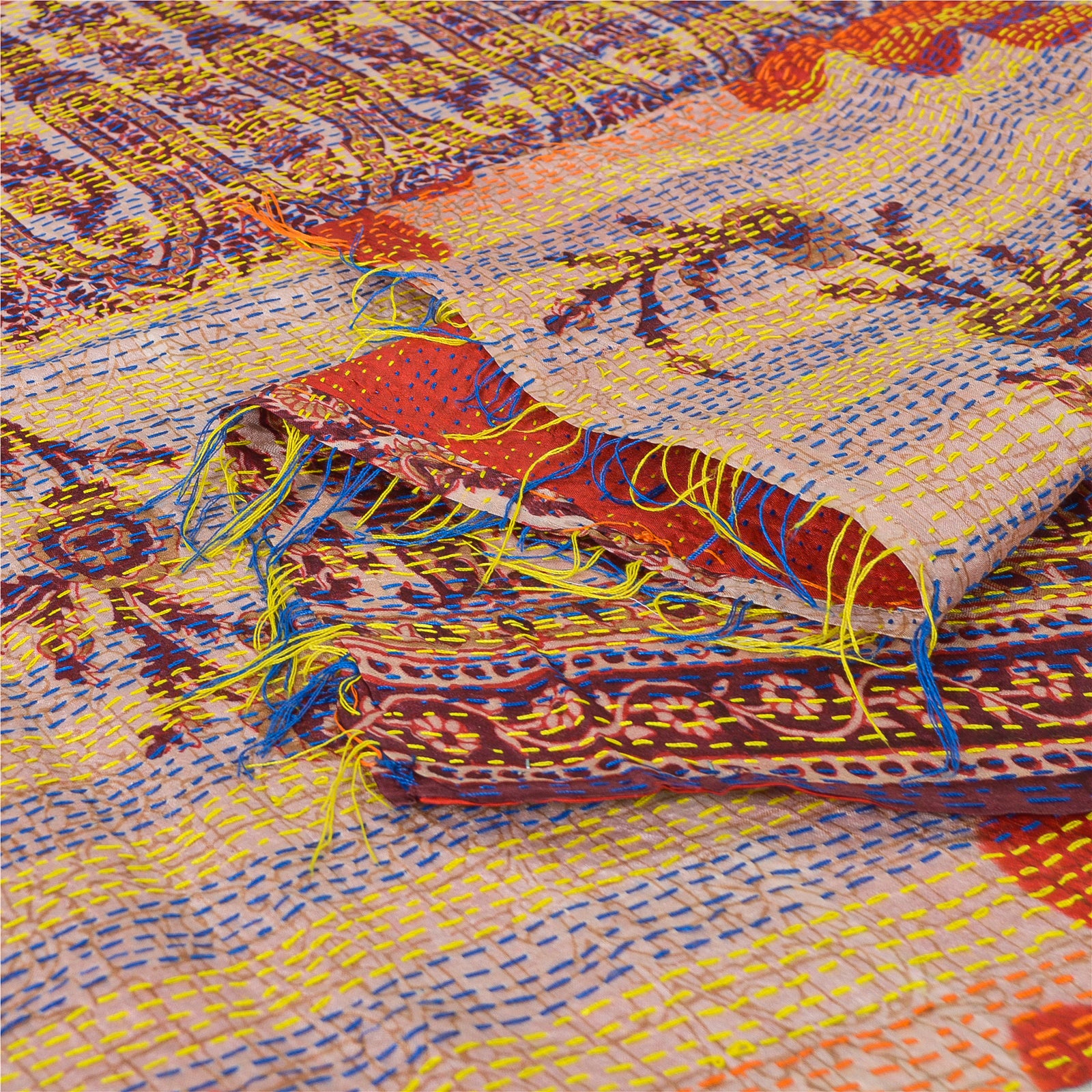 Sanskriti Vintage Dupatta Long Stole Pure Silk Cream Hand Embroidered Kantha