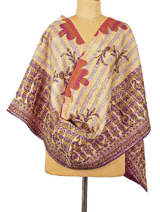 Sanskriti Vintage Dupatta Long Stole Pure Silk Cream Hand Embroidered Kantha