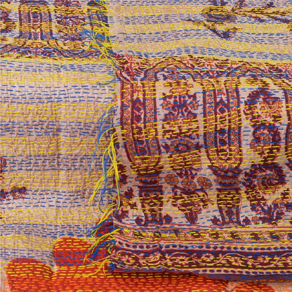 Sanskriti Vintage Dupatta Long Stole Pure Silk Cream Hand Embroidered Kantha