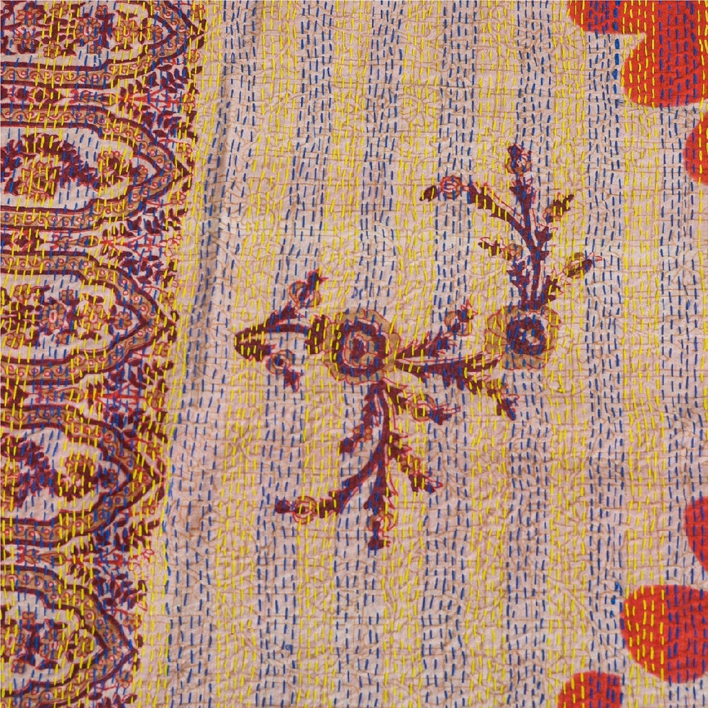 Sanskriti Vintage Dupatta Long Stole Pure Silk Cream Hand Embroidered Kantha